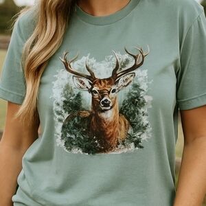 Rustic Deer Graphic Tee | Country Outdoors Wildlife Shirt | Sage Green Nature